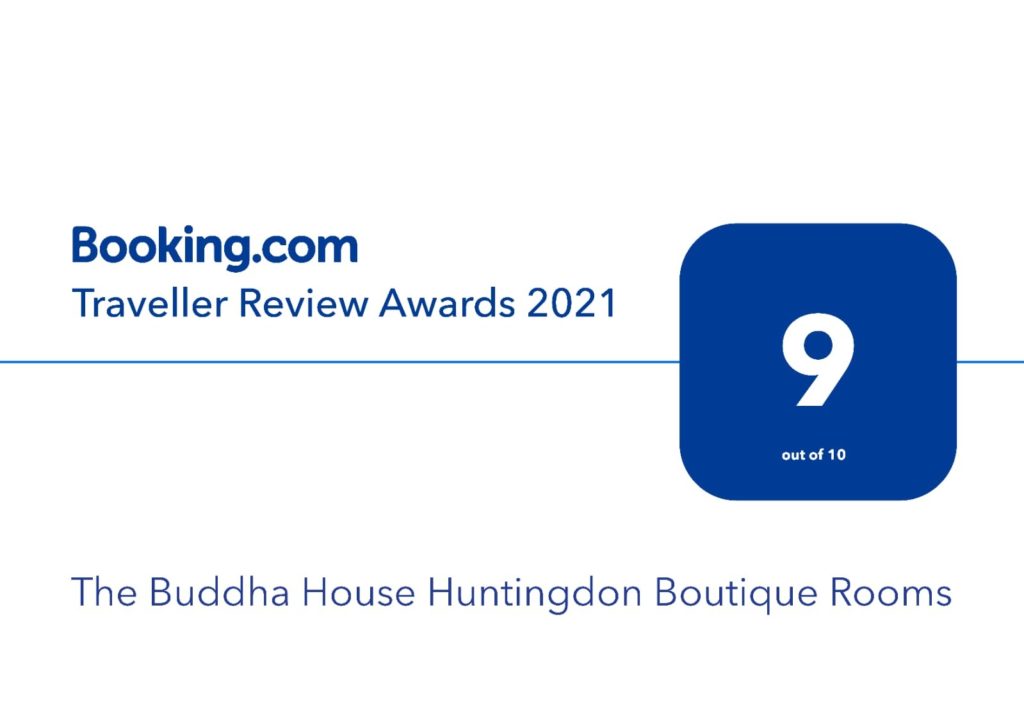 Booking.com Traveller Review Award showing our accommodation in Huntingdon, the Buddha House, with a score of 9 out of 10.