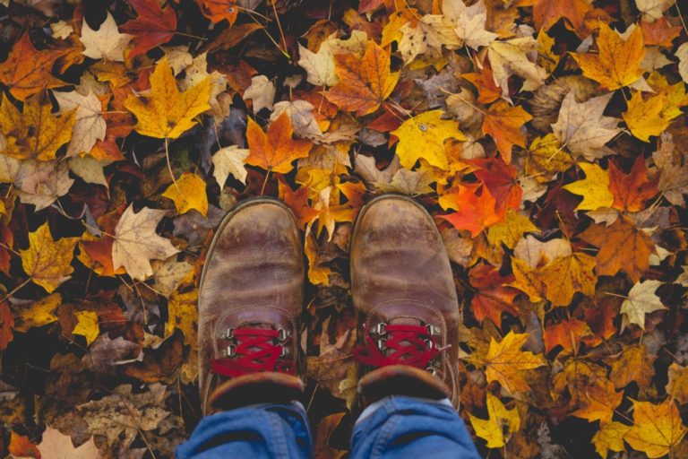 Two feet in hiking boots standing on fallen autumn leaves